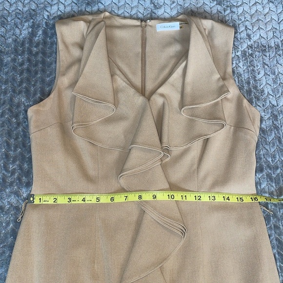 Anthropologie Calvin Klein Tan Ruffle Front Sleeveless Midi Dress.   Size 10. - Picture 9 of 13